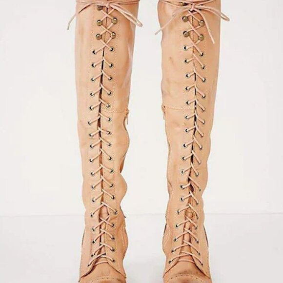 Free People +Jeffrey Campbell Joe Lace-Up Over-the-Knee Boots Light Grey sz 7 - Picture 7 of 16